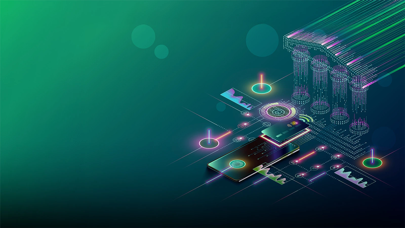 Green gradient backround with dotted artistic government building and device icons