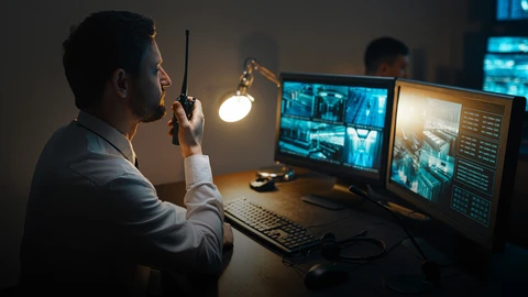 Man holding walkie-talkie looking at multiple security monitors