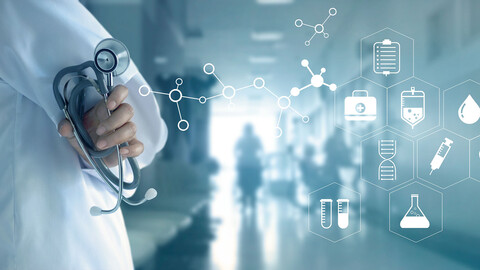 Medical professional with icons